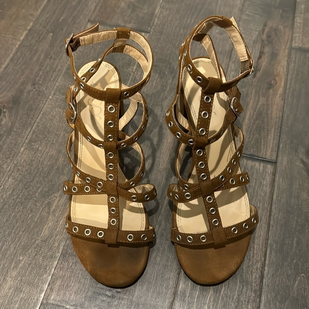 Sugar Rock N Roll Studded Gladiator Heels Brown 3.25” Size 8.5M